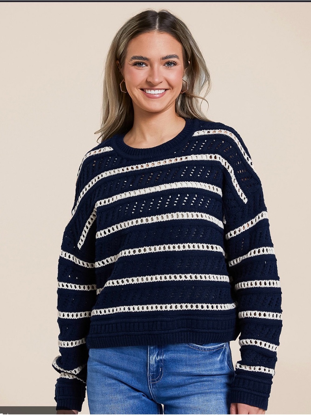 Z Supply Navy and Cream Open-Knit Striped Crew Sweater